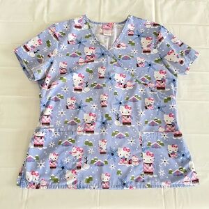 Hello Kitty Women's L Scrub Top Blue Short Sleeve Nurse Medical Clinic Hospital